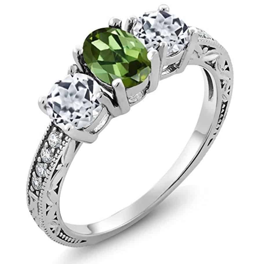 1.82 Ct Oval Green Tourmaline White Topaz 14K White Gold Ring