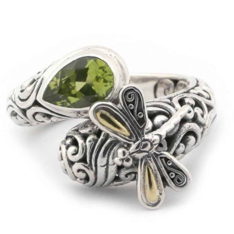 18k Yellow Gold & Sterling Silver Peridot Filigree Bypass Dragonfly Ring