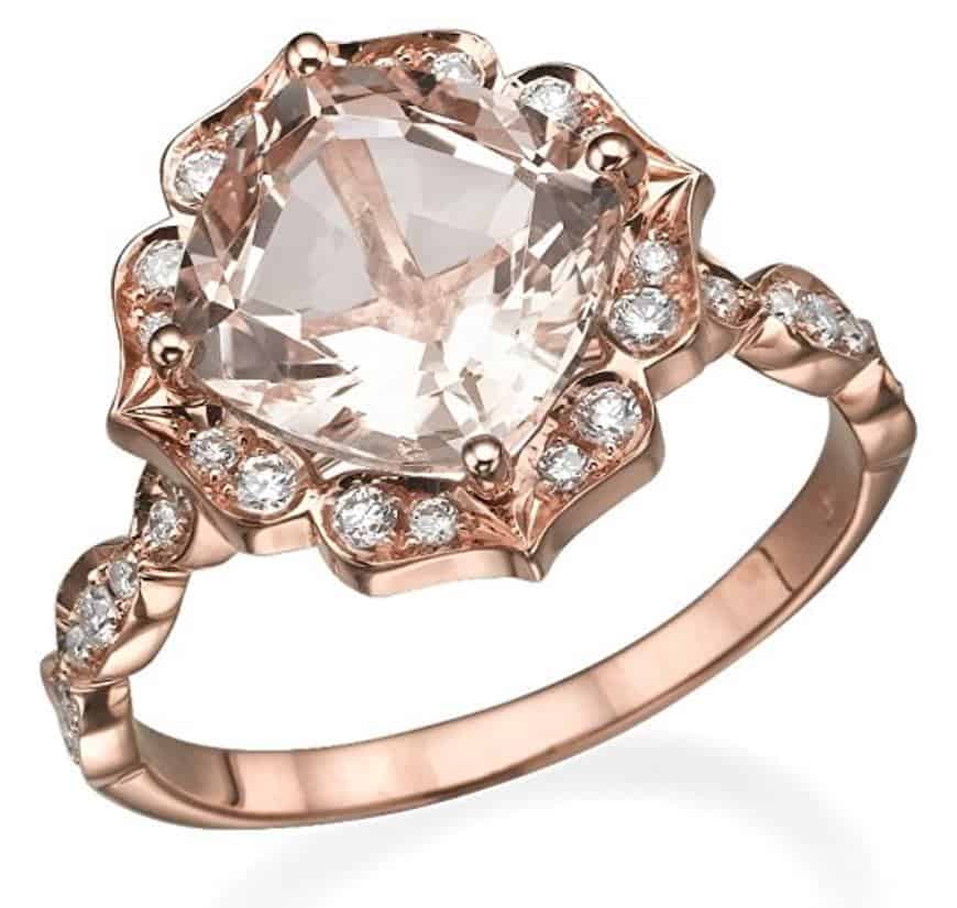 2.25 CTW natural peach:pink VS Morganite Ring with Diamonds 14k Rose Gold Flower Leaves Vintage