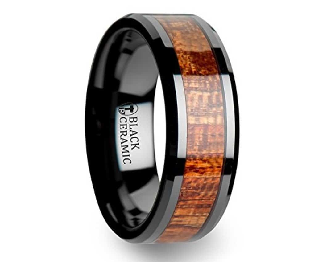 GABON Black Ceramic Band with Polished Bevels and Exotic Mahogany Hard Wood Inlay - 6 mm & 8 mm