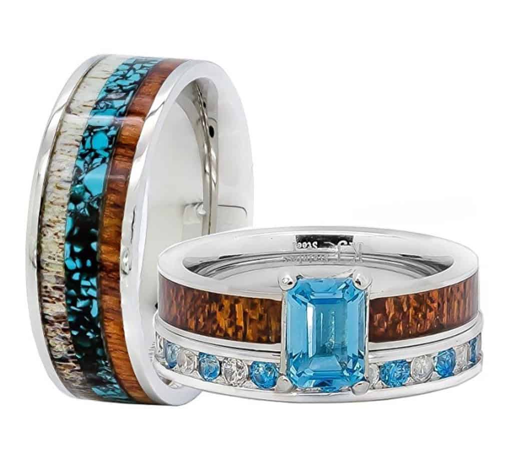 His and Her Wedding Rings Set wood and turquoise wedding band