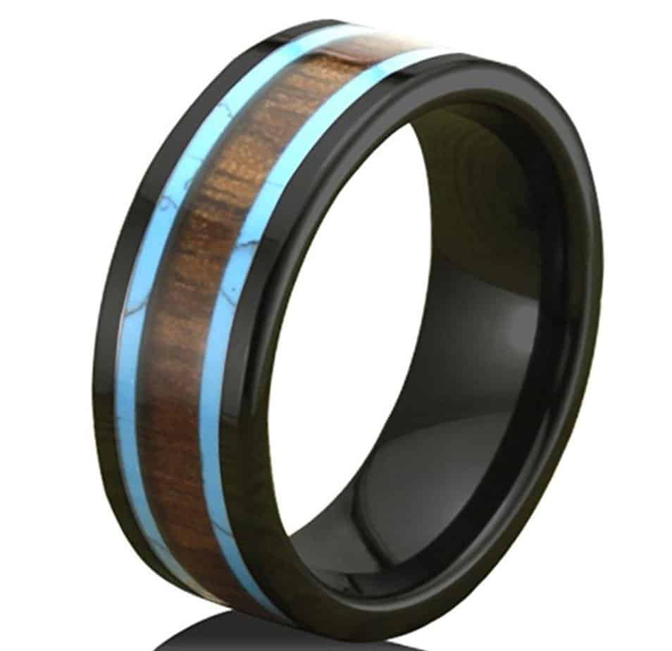 Men Women 8mm Black Ceramic Ring Vintage Wedding Engagement Band with Koa Wood Two Lines Solid Turquoise