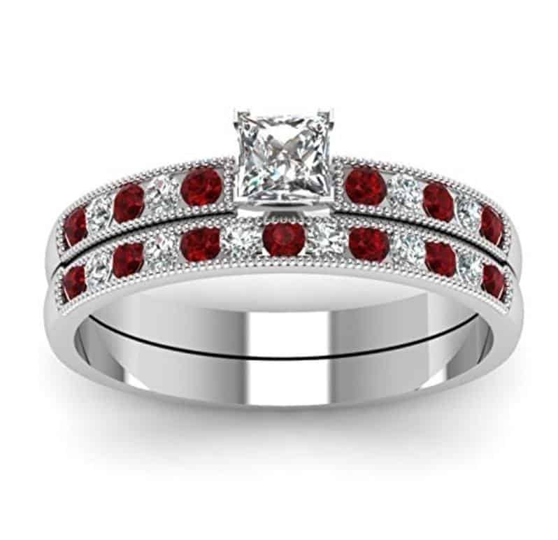 TVS JEWELS Red Garnet & white Princess CZ Comely Wedding Bridal Ring Set 925 Sterling Silver White Platinum Plated