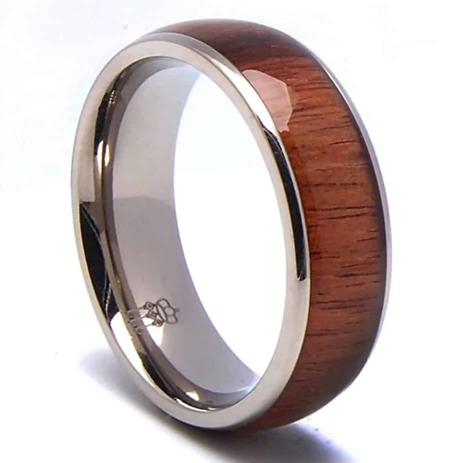 Three Keys Jewelry 8mm Titanium Ring Wedding Engagement Band Ring Silver with Santos Rosewood Wood Inlay