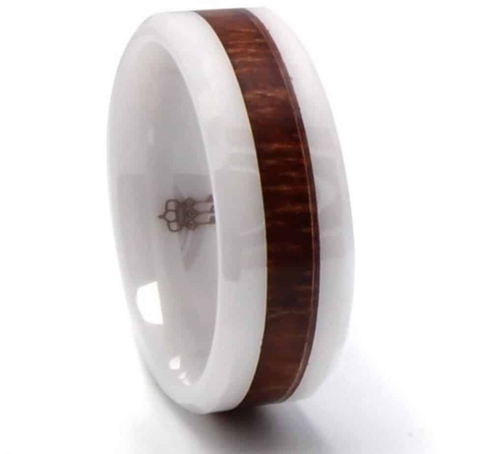 Three Keys Jewelry 8mm White Ceramic Men's Wedding Engagement Band Ring With Hawaiian Koa Wood Inlay