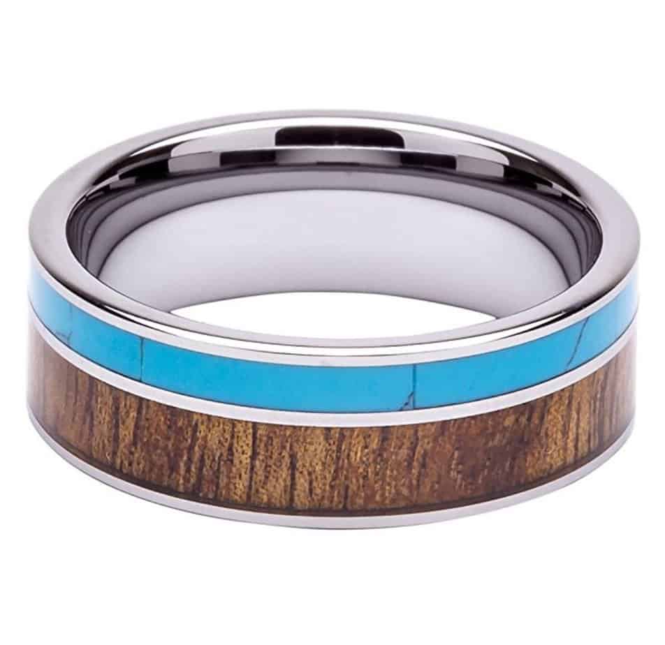 Tungsten Ring wood and turquoise wedding band