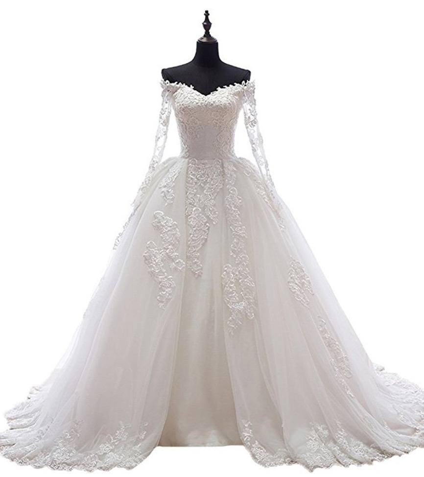 Beauty Bridal Boat Neck with Sleeves Long Train Sexy Wedding Dress for Bride