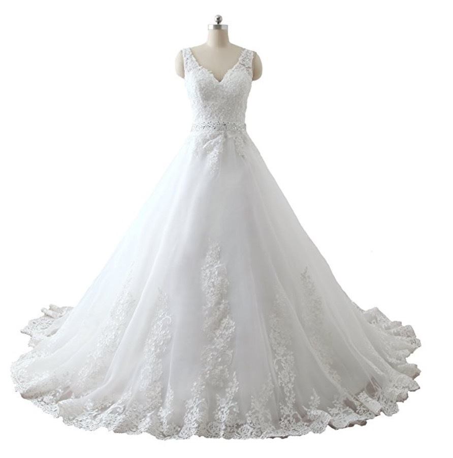 Fair Lady Women's Double V-Neck Lace Applique Empire Chapel Train Wedding Dress