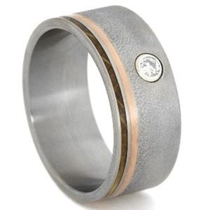 Flush Set Diamond, Whiskey Barrel Wood and Copper 10mm Comfort-Fit Frosted Titanium Wedding Band