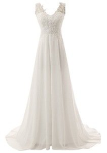 JAEDEN Elegant V-neck A-line Lace Chiffon Long Beach Wedding Dress