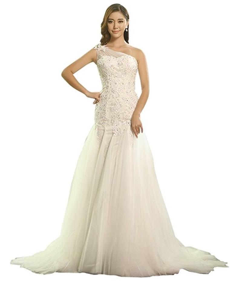 MyTurn One Shoulder Tulle Trumpet Gown Wedding Dress with Lace Appliques