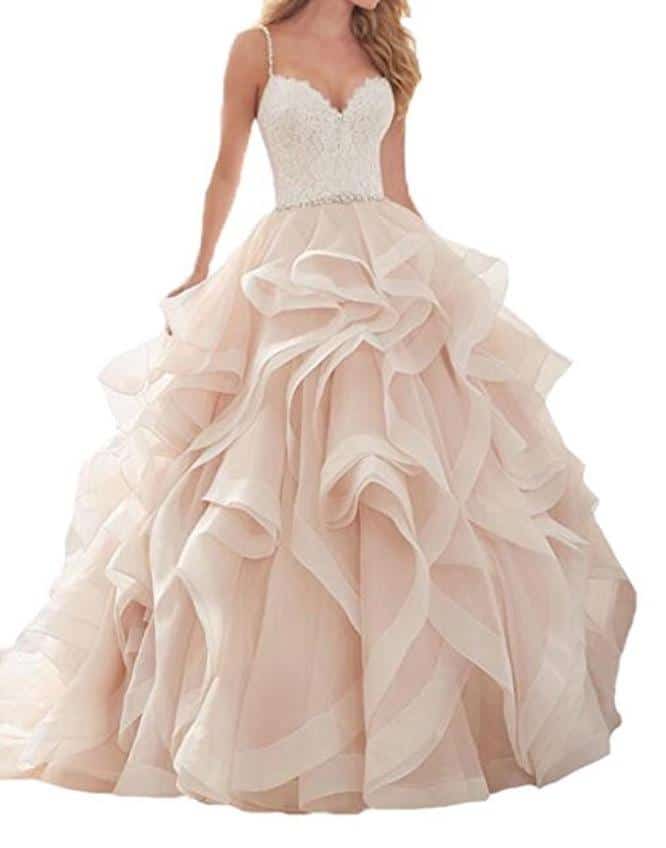 Queenbridal Blush Pink Bridal Gown Ruffles Organza Lace 2017 New Wedding Dresses