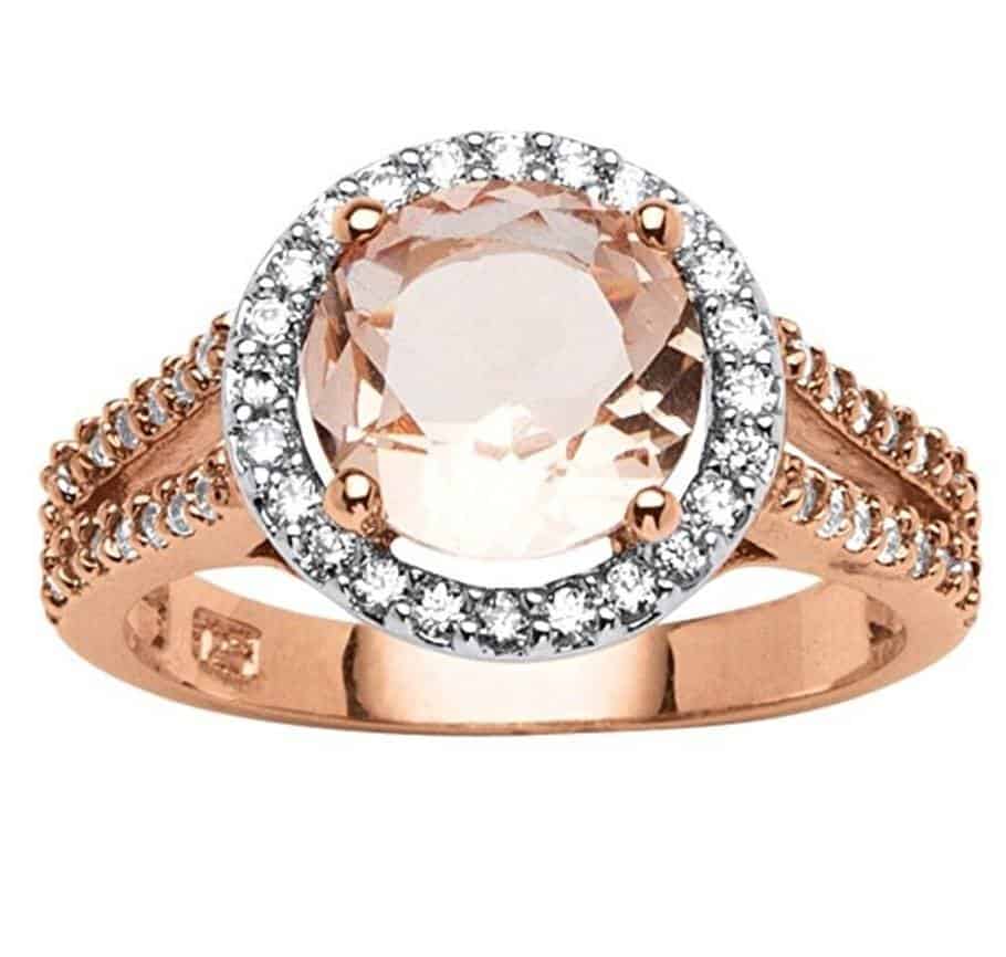 Round Peach Simulated Morganite and CZ Rose Gold-Plated Sterling Silver Halo Ring