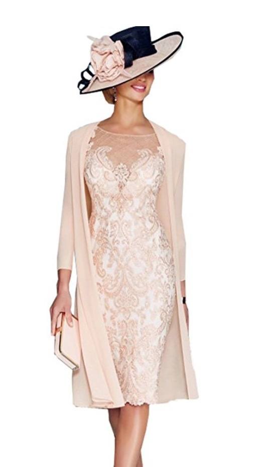 Fenghuavip 2 pcs Round Neck Light Pink Chiffon Lace Bridal Mother Dress