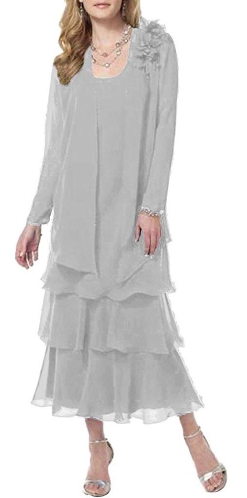 ModeC Womens Tea Length Chiffon Tiered Mother of the Bride Dress With Jacket