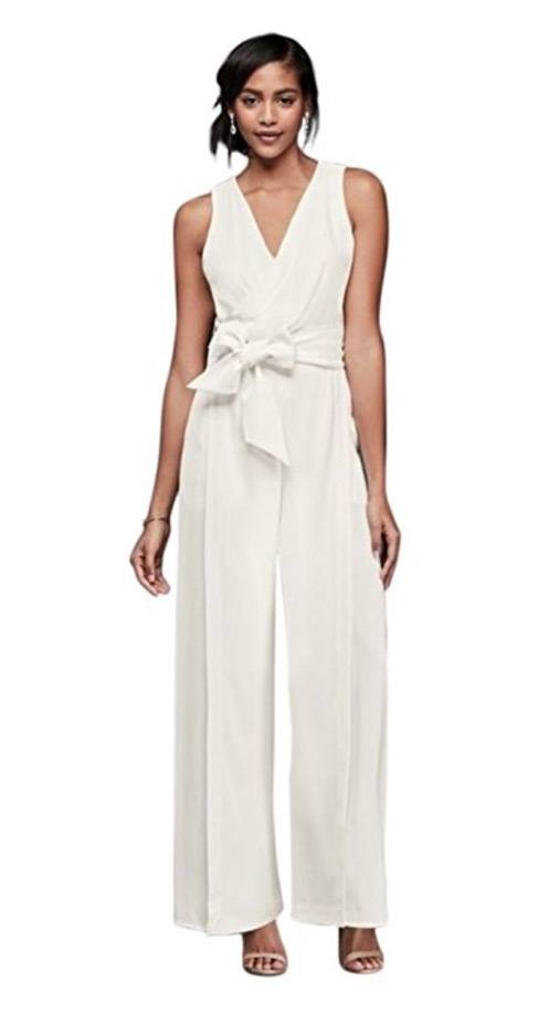 david's bridal Chiffon Wedding Dress Surplice Bodice Crepe Jumpsuit with Wide Sash Style