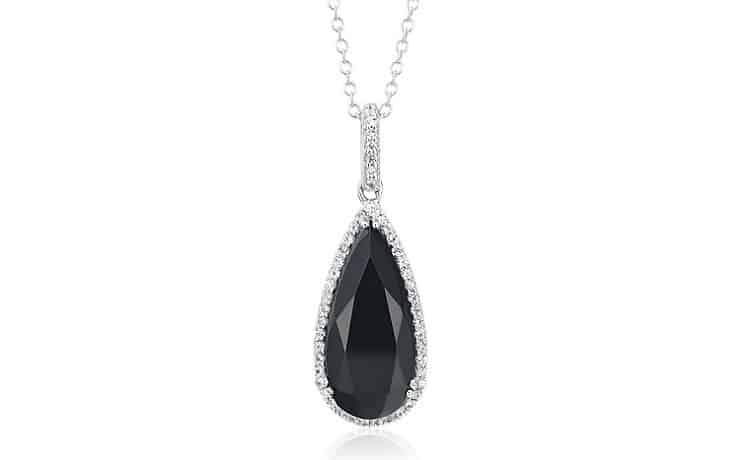 Black Onyx Pear Pendant with White Topaz Halo in Sterling Silver