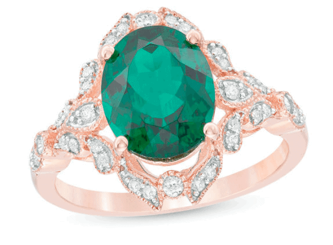 Oval Lab-Created Emerald and 1/5 CT. T.W. Diamond Vintage-Style Frame Ring in 10K Rose Gold