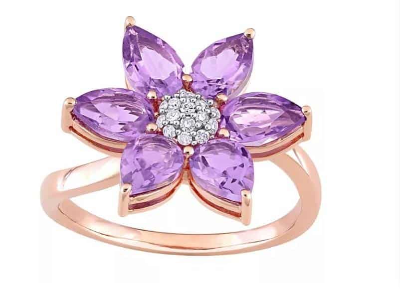 Floral raw amethyst engagement ring