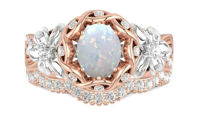 Rose Gold Engagement Ring in Flower With Band Set Oval White Opal