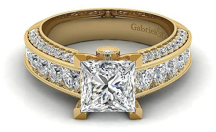 Vintage Inspired Wide Band Princess Cut Diamond Engagement Ring