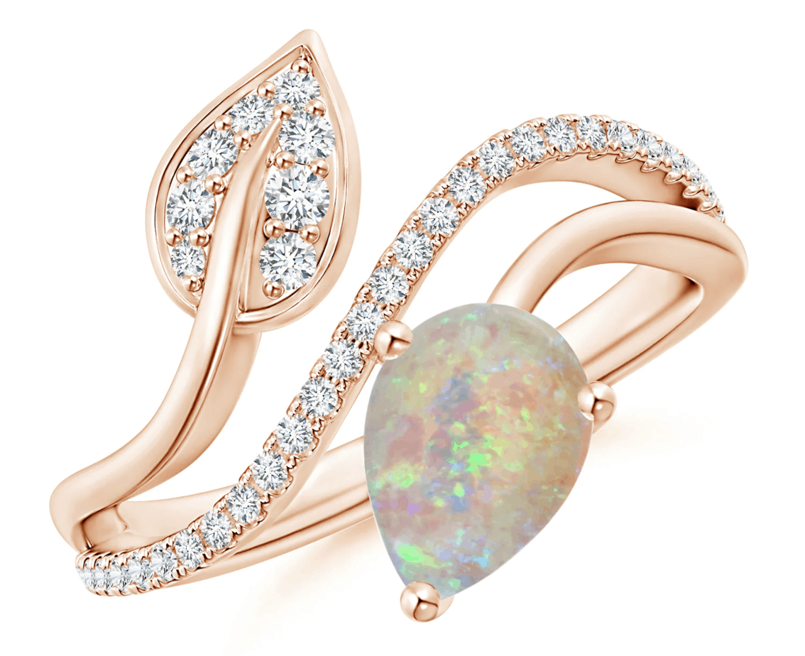 Opal and Diamond Bypass Ring with Leaf Motif