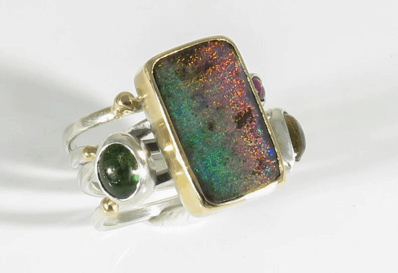 Opal tourmaline gold silver swirl ring, Australian Boulder opal ring. Matrix opal ring, Four stone band ring