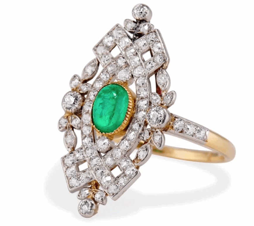 Late Edwardian Cabochon Emerald and Diamond Engagement Ring