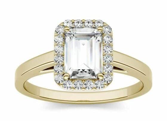 1.17 CTW DEW Emerald Forever One Moissanite Halo Engagement Ring in 14K Yellow Gold