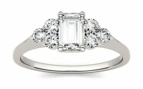 0.88 CTW DEW Emerald Forever One Moissanite Solitaire with Side Accents Engagement Ring in 14K White Gold