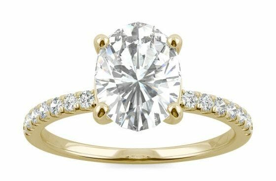 2.34 CTW DEW Oval Forever One Moissanite Side Stone Engagement Ring in 14K Yellow Gold