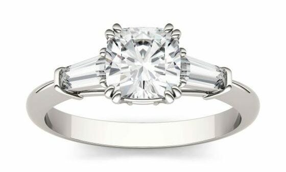 Forever One 1.38CTW Cushion Moissanite Three Stone Engagement Ring in Platinum