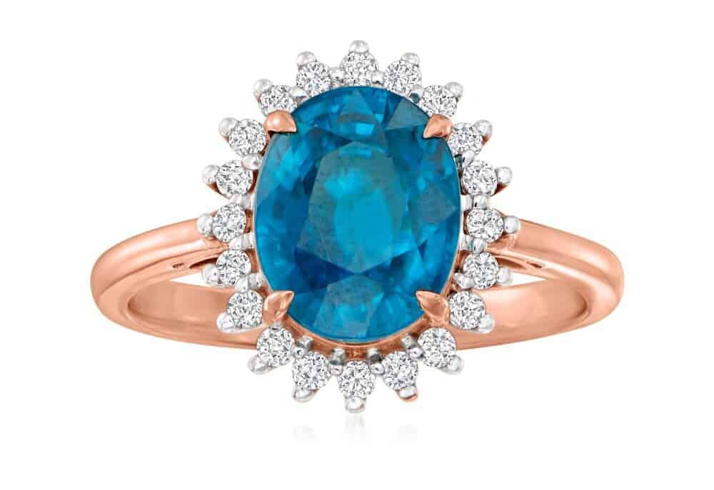 4.70 Carat Blue Zircon Ring with .29 ct. t.w. Diamonds in 18kt Rose Gold