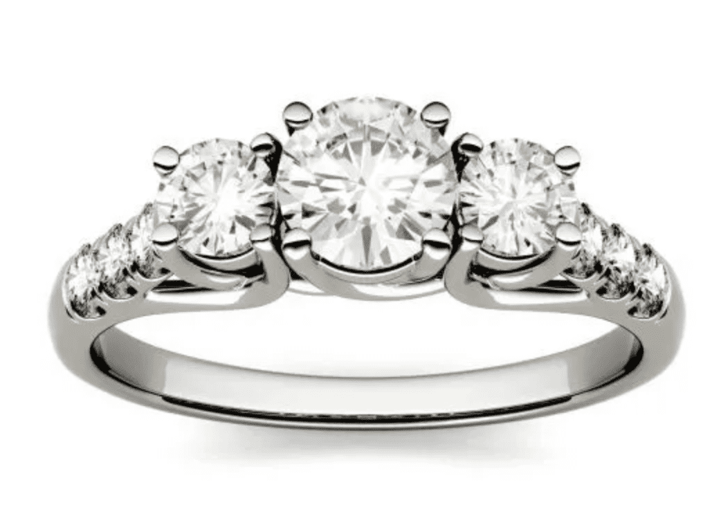 Round Forever One Moissanite Trellis Three Stone Ring