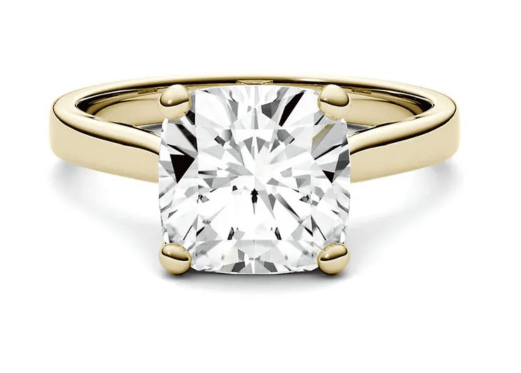 3 Carat Charles & Colvard-Forever One™ Cushion-Cut Moissanite Solitaire Ring in 14K Yellow Gold