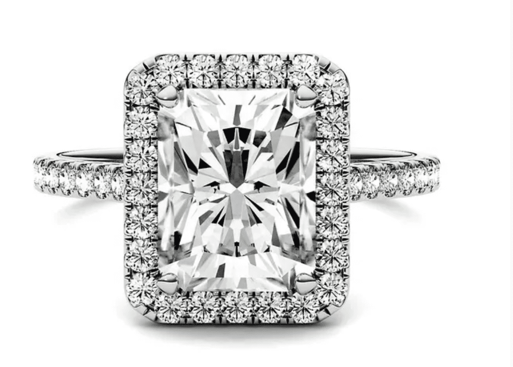 3 Carat Charles & Colvard-Forever One™ Radiant-Cut Moissanite Halo Ring in 14K White Gold