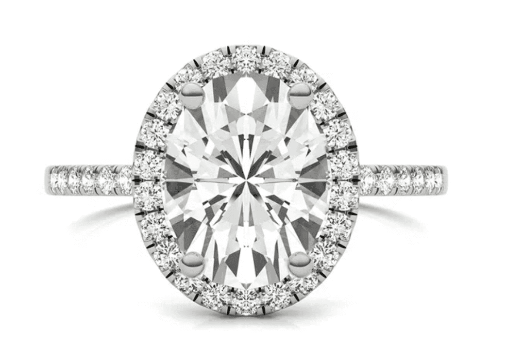 3 ⅓ Carat Charles & Colvard-Forever One™ Moissanite Oval Halo Ring in 14K White Gold