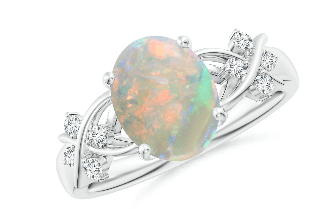 Solitaire Oval Opal Criss Cross Ring with Diamonds