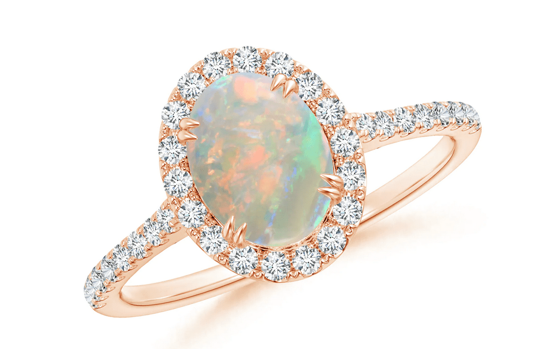 Double Claw-Set Oval Opal Halo Ring with Diamonds