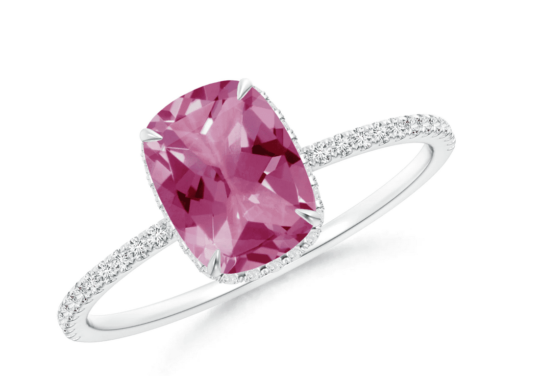 Thin Shank Cushion Cut Pink Tourmaline Ring With Diamond Accents