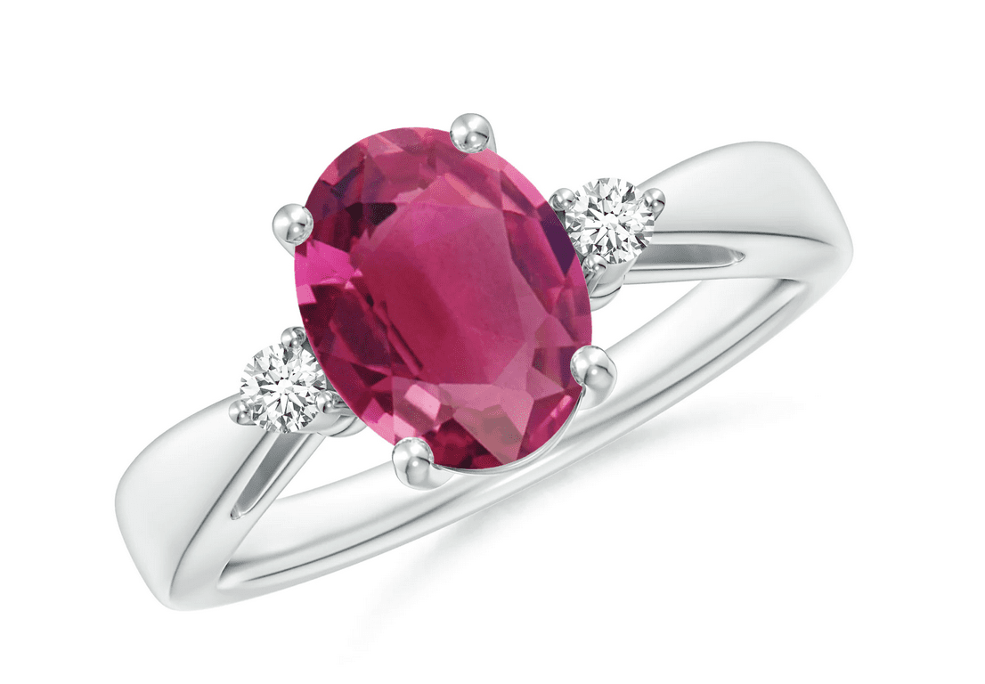 Tapered Shank Pink Tourmaline Solitaire Ring with Diamond Accents