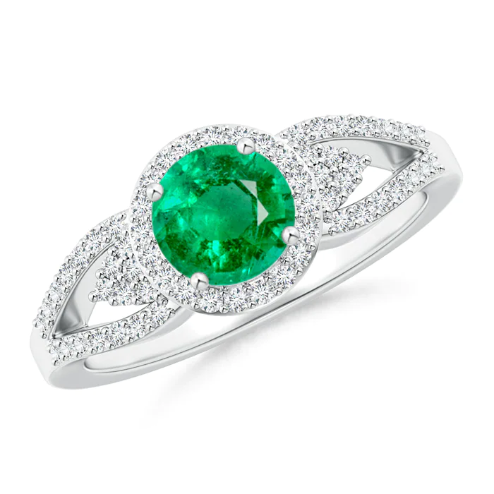 Split Shank Round Emerald Halo Ring with Cluster Diamonds | Angara