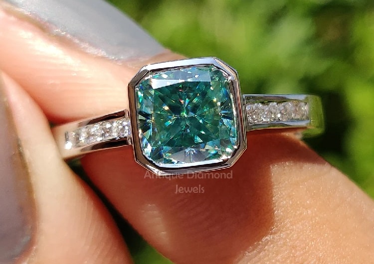 1.49 CT Cushion Cut Cyan Blue Moissanite Ring