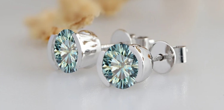 1.60CTW, Blue Moissanite Half Bezel Set Earring Studs