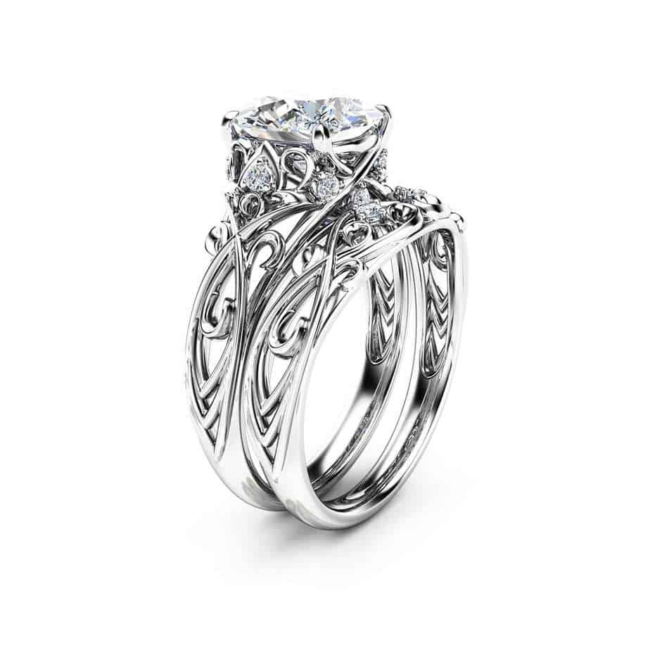 Camellia 2 Carat Moissanite White Gold Unique Art Deco Engagement Ring Set 