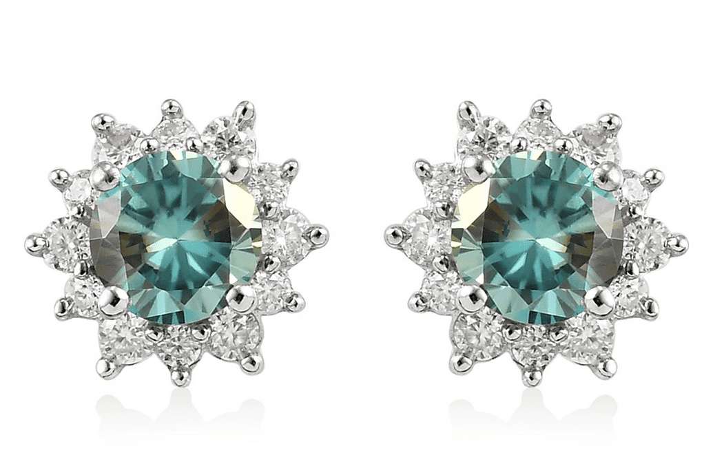 Blue Moissanite and White Moissanite Sunburst Stud Earrings