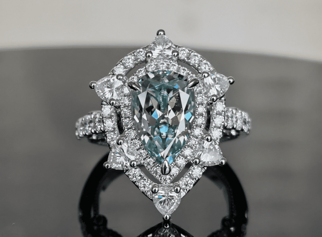 DovEggs Blue Vintage-Inspired Halo Pear Moissanite Engagement Ring