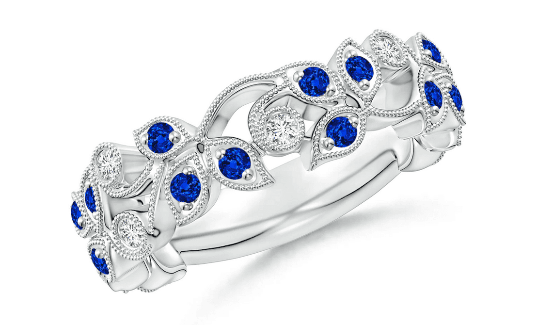 0.28 to 0.78 Carat Nature Inspired Round Blue Sapphire & Diamond Vine Band