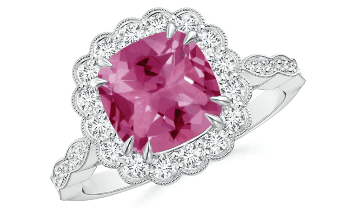 1.17 to 2.50 Carat Cushion Pink Tourmaline Ring with Floral Halo