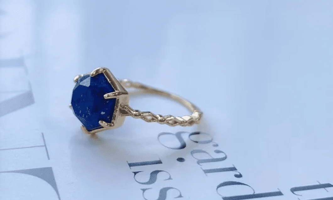 Mimimalist 14K Gold Vermeil Hexagon Natural Lapis Lazuli Ring